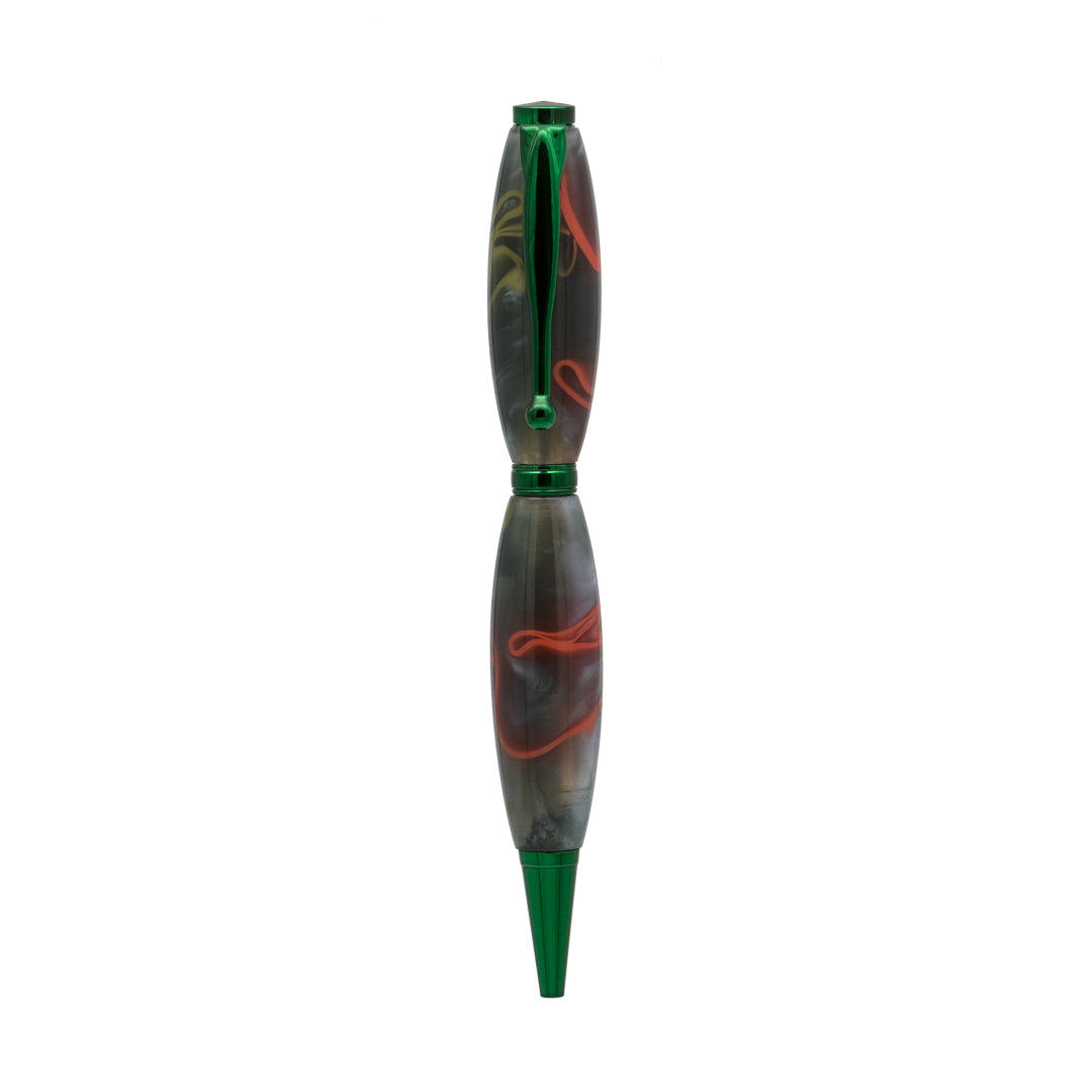 Handcrafted acrylic pen featuring vibrant green and fiery red hues, skillfully blended for a striking, unique appearance