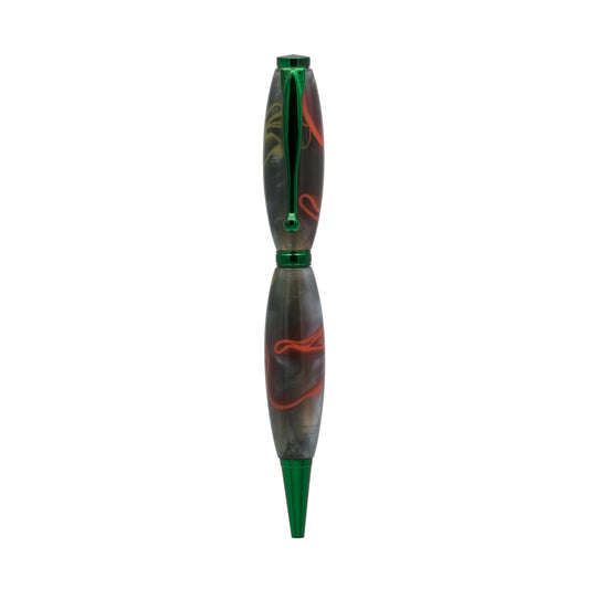 Handcrafted acrylic pen featuring vibrant green and fiery red hues, skillfully blended for a striking, unique appearance