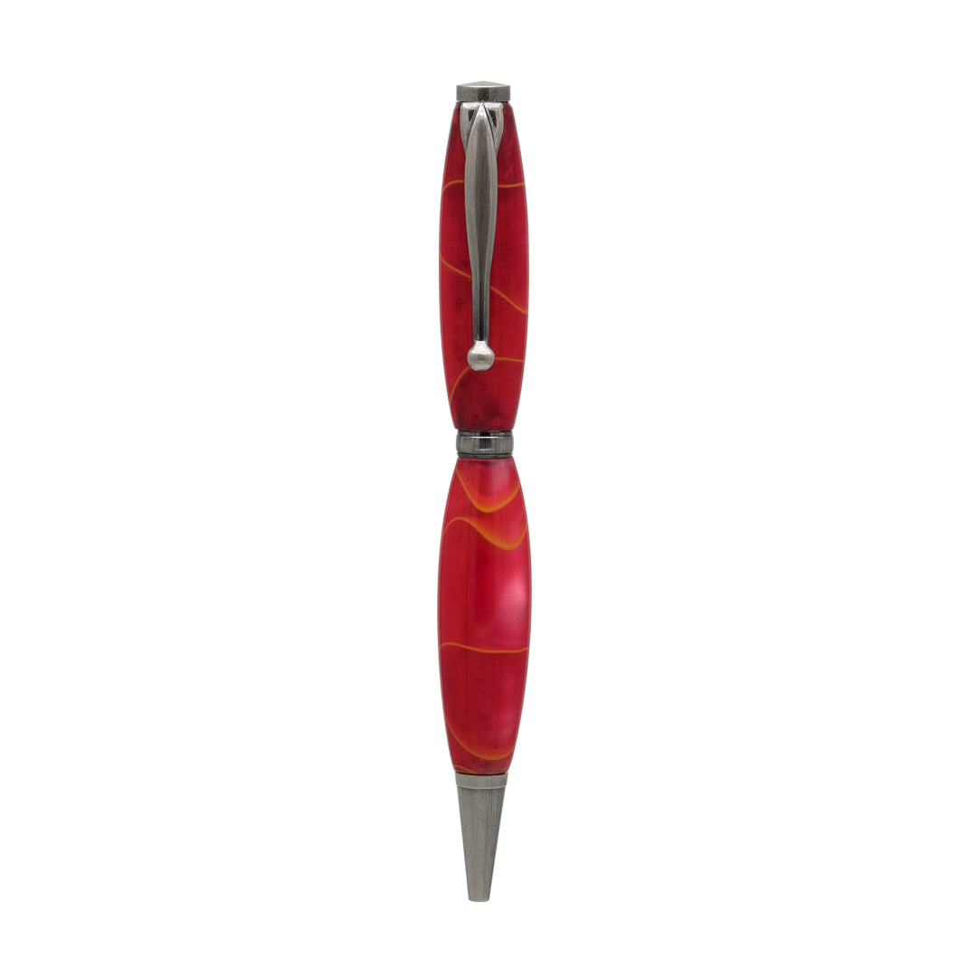 Handcrafted acrylic pen showcasing a stunning combination of rich red and fiery red tones, expertly blended for an eye-catching, sophisticated look.